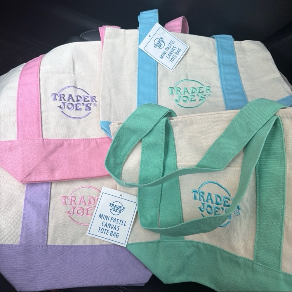 Trader Joe’s mini pastel canvas Tote Bag Set of 4 - Blue, Pink, Green, purple